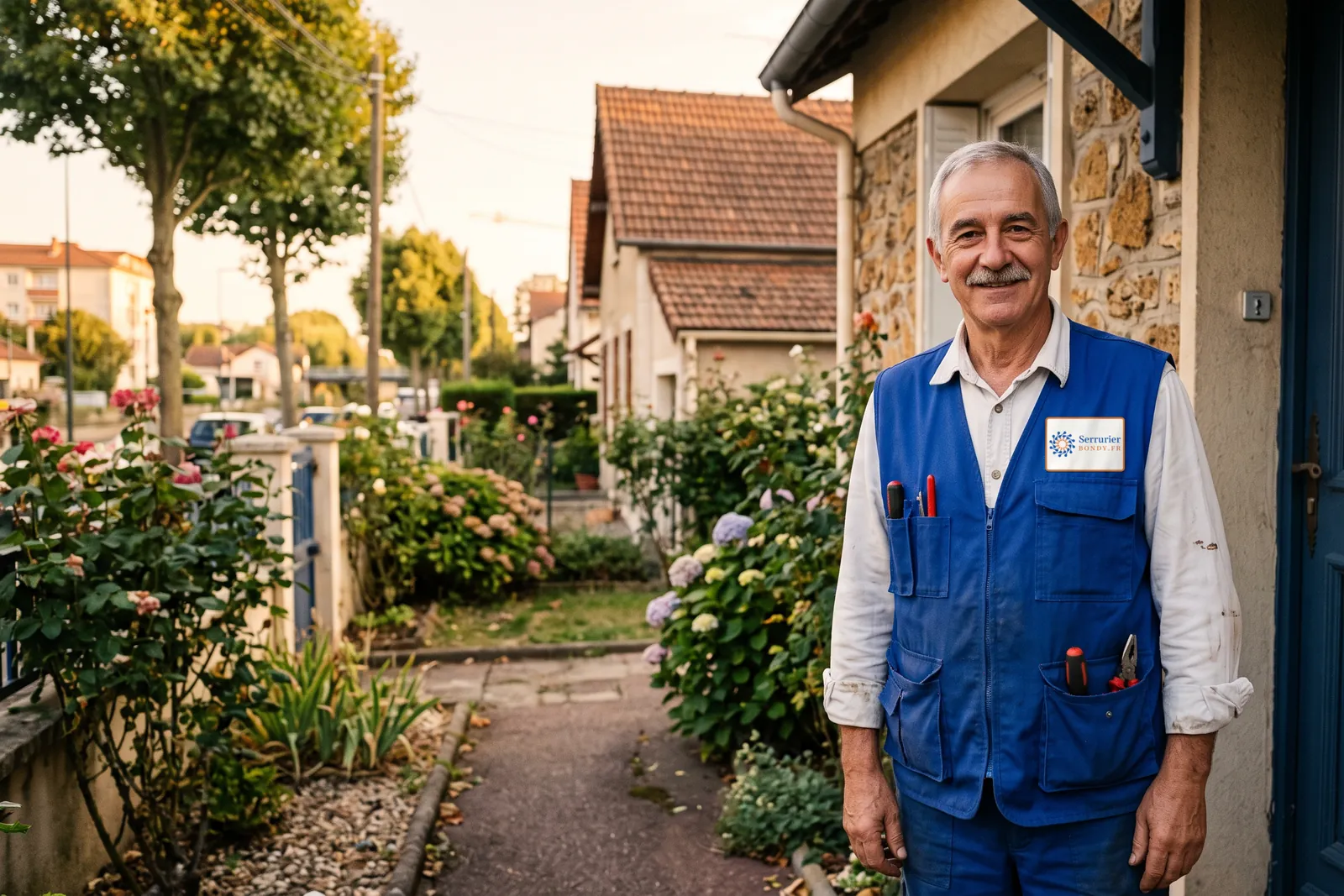 Votre serrurier à Bondy devant la porte d'une maison, gilet de travail aux couleurs de Serrurier Bondy