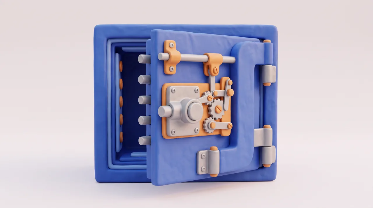Rendu 3D en coupe d'une porte de coffre-fort : serrure, pênes et barre de manœuvre