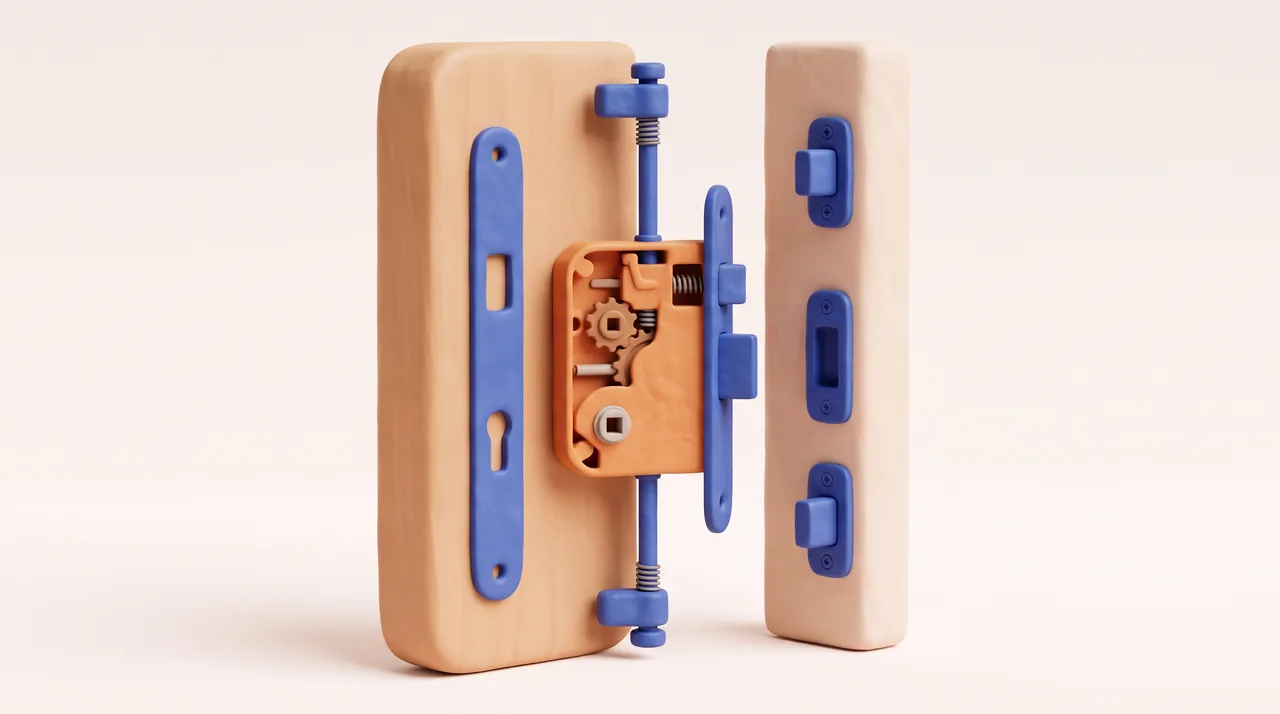 Rendu 3D d'une serrure multipoints : boîtier central, tringles et points de fermeture