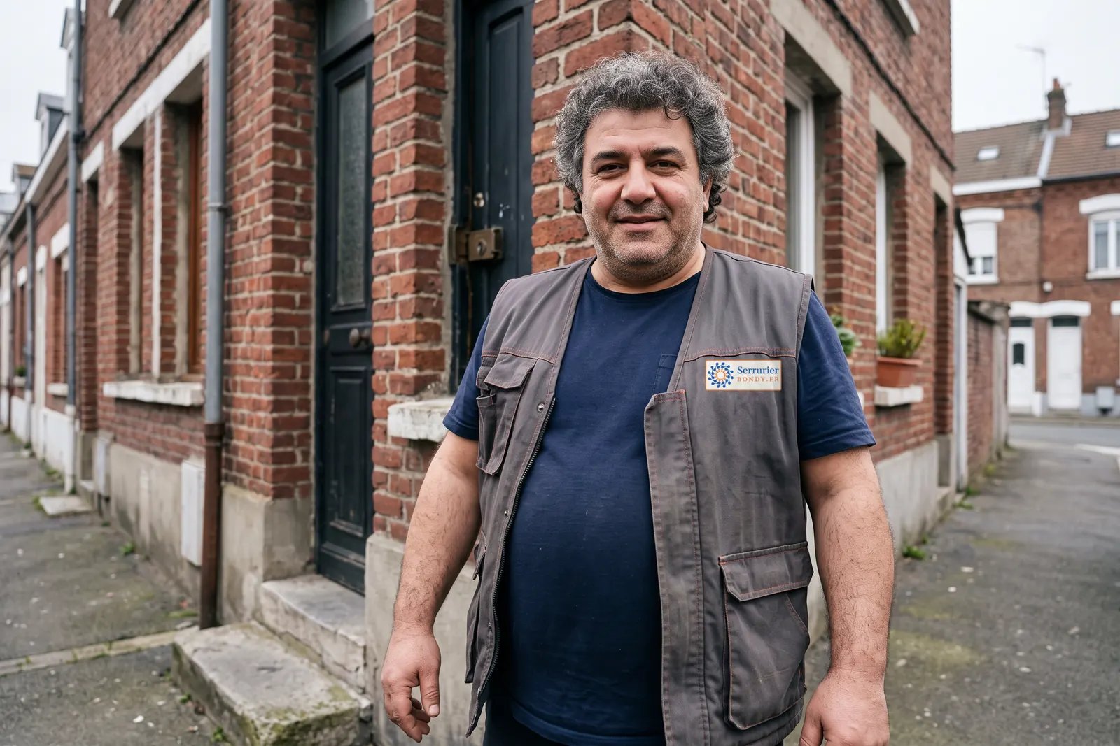 Votre serrurier à Bondy devant une maison en brique, gilet de travail avec l'écusson Serrurier Bondy